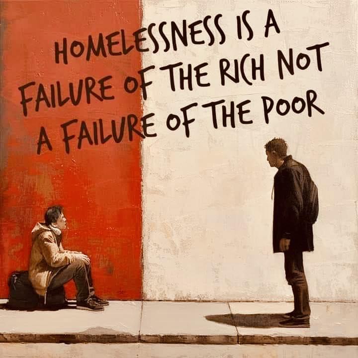 This meme is a play on the phrase "homelessness is a failure of the system, not the individual." It features a split-screen image with a person on the left sitting on the sidewalk, and a person on the right standing on the sidewalk, with the phrase "Homelessness is a failure of the system, not the individual" written above them. The text is then rewritten to "Homelessness is a failure of the rich, not a failure of the poor" to highlight the contrast between the two.
